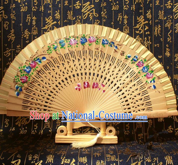 Chinese Handmade Classical Folding Fans Printing Flowers Wood Golden Silk Accordion Fan for Women