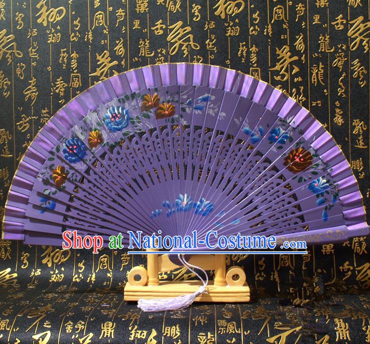 Chinese Handmade Classical Folding Fans Printing Flowers Wood Purple Silk Accordion Fan for Women