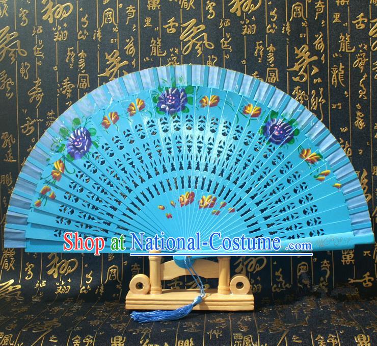 Chinese Handmade Classical Folding Fans Printing Flowers Wood Blue Silk Accordion Fan for Women