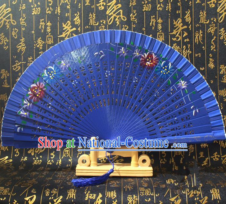 Chinese Handmade Classical Folding Fans Printing Flowers Wood Royalblue Silk Accordion Fan for Women