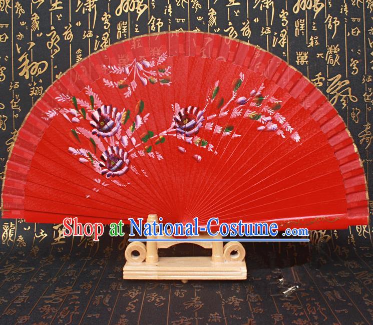 Chinese Handmade Classical Folding Fans Printing Flowers Wood Red Silk Accordion Fan for Women