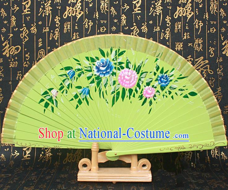 Chinese Handmade Classical Folding Fans Printing Flowers Wood Green Silk Accordion Fan for Women