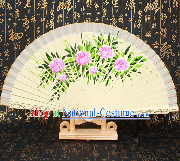 Chinese Handmade Classical Folding Fans Printing Flowers Wood Beige Silk Accordion Fan for Women