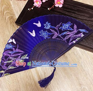 Chinese Handmade Classical Folding Fans Printing Butterfly Purple Silk Accordion Fan for Women