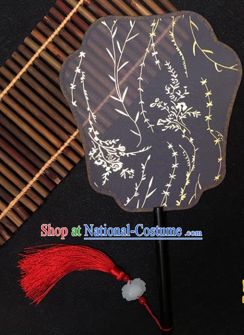 Chinese Handmade Classical Palace Fans Traditional Gilding Black Silk Fan for Women