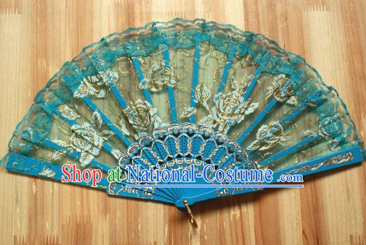 Chinese Handmade Folk Dance Blue Lace Rose Folding Fans Classical Accordion Fan for Women