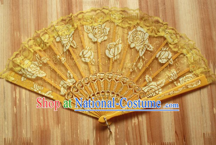 Chinese Handmade Folk Dance Yellow Lace Rose Folding Fans Classical Accordion Fan for Women