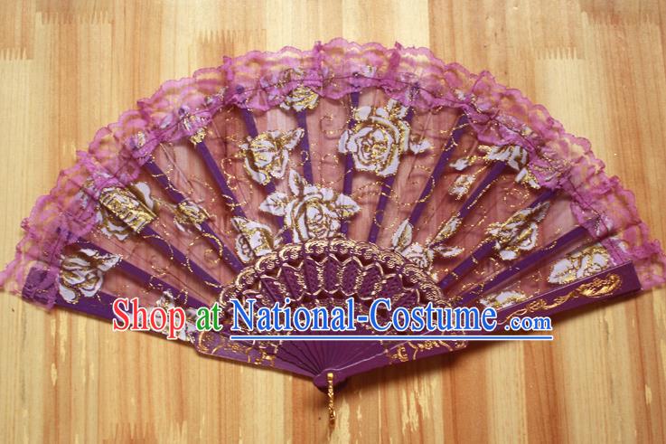 Chinese Handmade Folk Dance Purple Lace Rose Folding Fans Classical Accordion Fan for Women