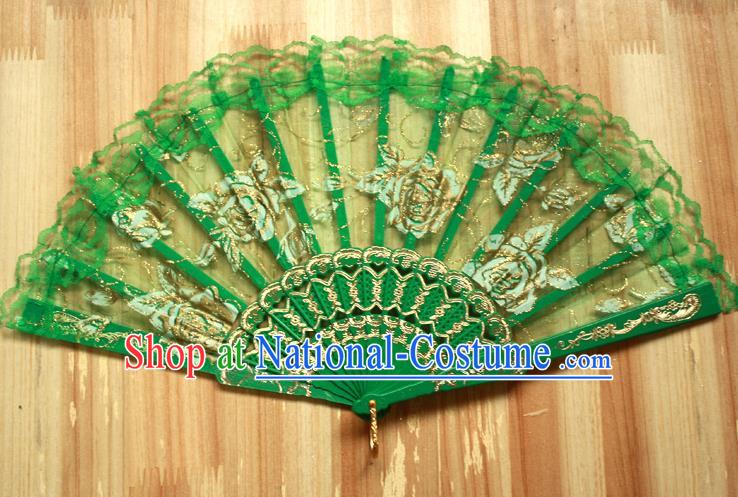 Chinese Handmade Folk Dance Green Lace Rose Folding Fans Classical Accordion Fan for Women