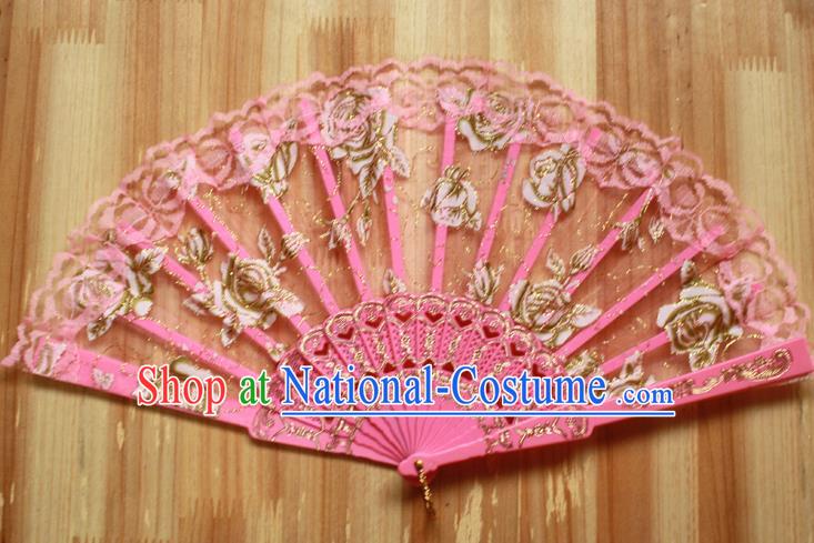 Chinese Handmade Folk Dance Pink Lace Rose Folding Fans Classical Accordion Fan for Women