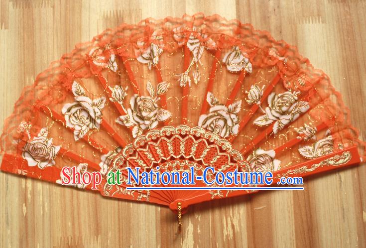 Chinese Handmade Folk Dance Orange Lace Rose Folding Fans Classical Accordion Fan for Women