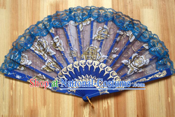 Chinese Handmade Folk Dance Royalblue Lace Rose Folding Fans Classical Accordion Fan for Women