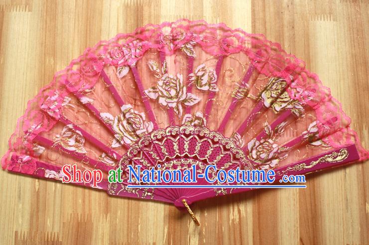 Chinese Handmade Folk Dance Rosy Lace Rose Folding Fans Classical Accordion Fan for Women