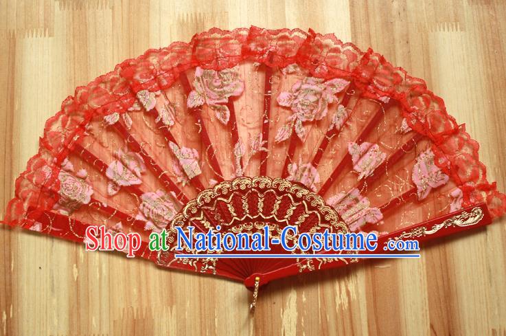 Chinese Handmade Folk Dance Red Lace Rose Folding Fans Classical Accordion Fan for Women