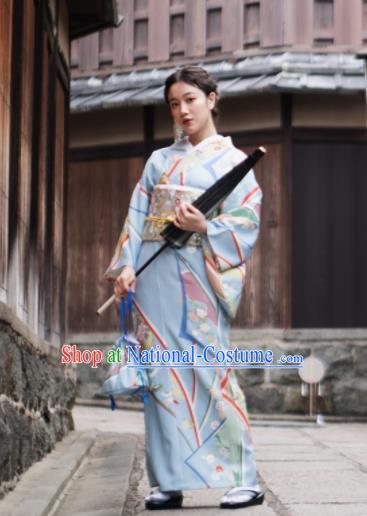 Japanese Handmade Kimono Japan Traditional Yukata Blue Dress for Women