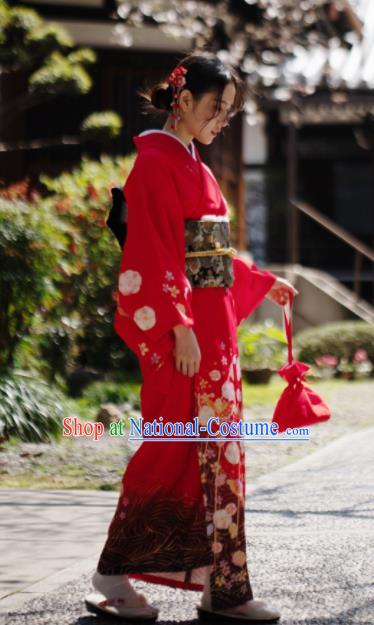 Japanese Handmade Kimono Japan Traditional Yukata Red Dress for Women