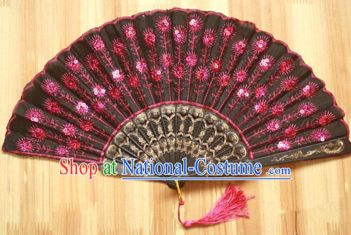 Chinese Handmade Classical Folding Fans Folk Dance Rosy Paillette Silk Accordion Fan for Women