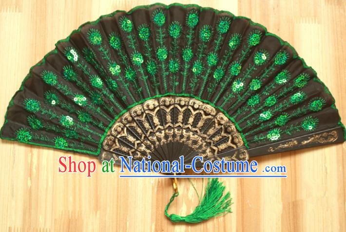 Chinese Handmade Classical Folding Fans Folk Dance Green Paillette Silk Accordion Fan for Women