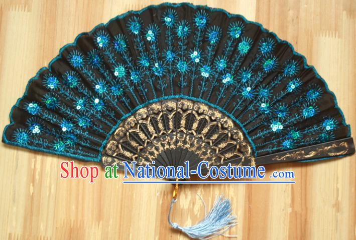 Chinese Handmade Classical Folding Fans Folk Dance Blue Paillette Silk Accordion Fan for Women