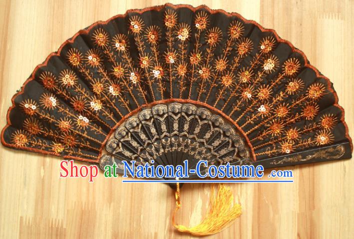 Chinese Handmade Classical Folding Fans Folk Dance Orange Paillette Silk Accordion Fan for Women