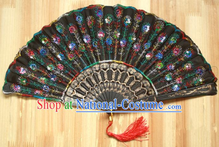 Chinese Handmade Classical Folding Fans Folk Dance Colorful Paillette Silk Accordion Fan for Women