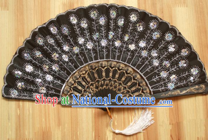 Chinese Handmade Classical Folding Fans Folk Dance White Paillette Silk Accordion Fan for Women