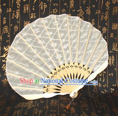 Chinese Handmade Classical Folding Fans Folk Dance White Lace Accordion Fan for Women