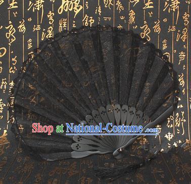 Chinese Handmade Classical Folding Fans Folk Dance Black Lace Accordion Fan for Women