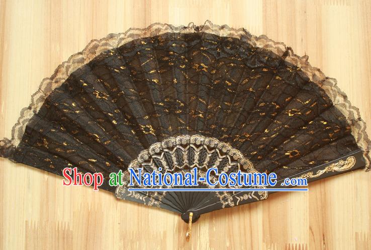 Chinese Handmade Classical Black Lace Folding Fans Folk Dance Accordion Fan for Women