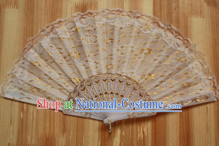 Chinese Handmade Classical White Lace Folding Fans Folk Dance Accordion Fan for Women