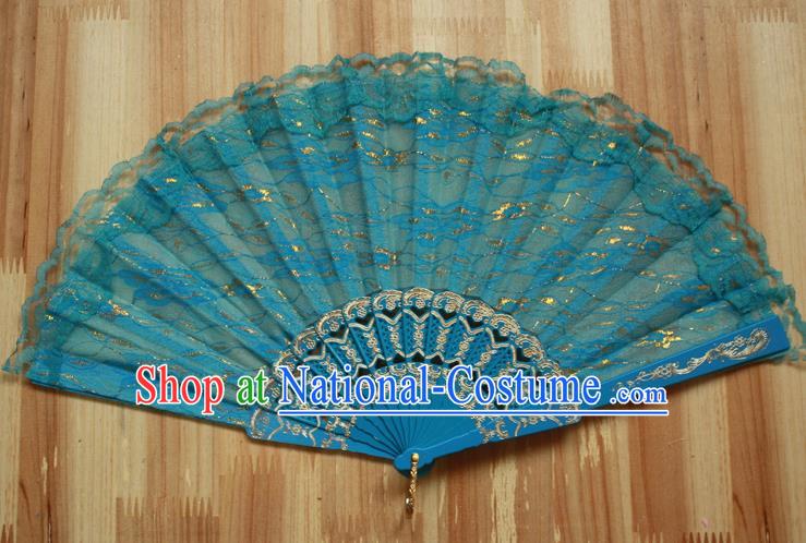 Chinese Handmade Classical Blue Lace Folding Fans Folk Dance Accordion Fan for Women