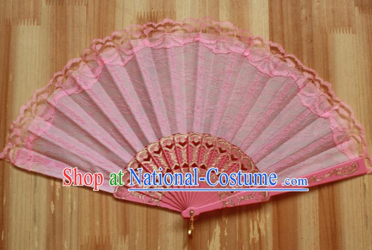 Chinese Handmade Classical Light Pink Lace Folding Fans Folk Dance Accordion Fan for Women