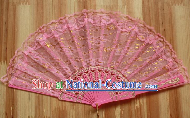 Chinese Handmade Classical Pink Lace Folding Fans Folk Dance Accordion Fan for Women