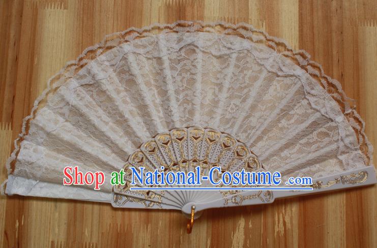 Chinese Handmade Classical White Lace Folding Fans Folk Dance Accordion Fan for Women