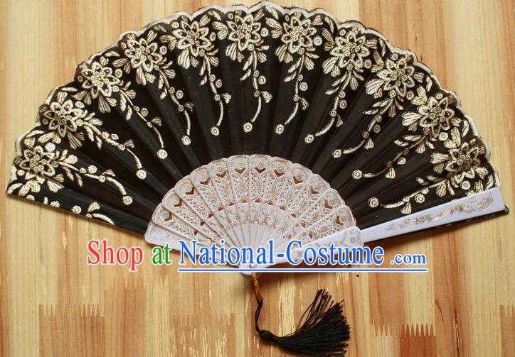 Chinese Handmade Classical Black Folding Fans Folk Dance Accordion Fan for Women