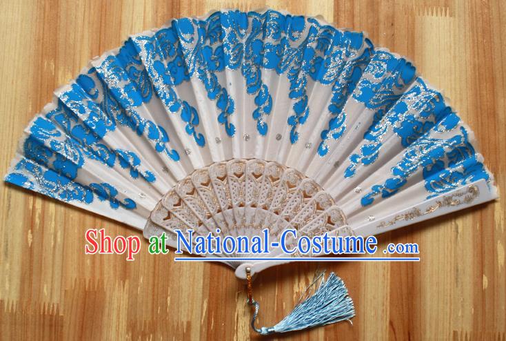 Chinese Handmade Classical Blue Folding Fans Folk Dance Accordion Fan for Women