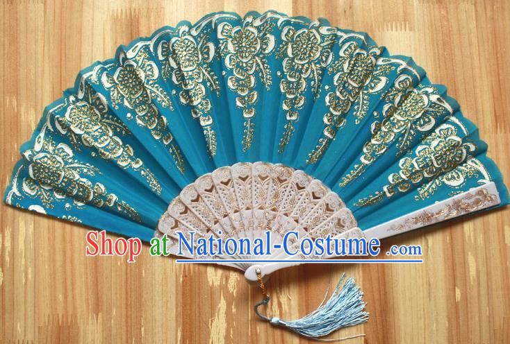 Chinese Handmade Classical Lake Blue Folding Fans Folk Dance Accordion Fan for Women