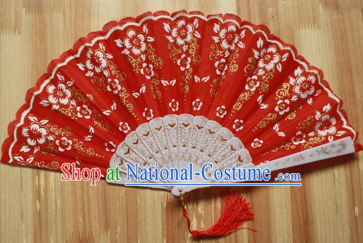 Chinese Handmade Folk Dance Red Folding Fans Classical Accordion Fan for Women