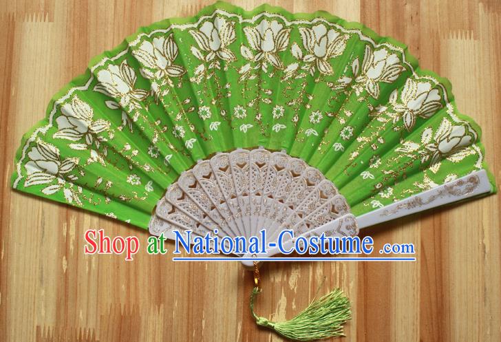 Chinese Handmade Folk Dance Green Folding Fans Classical Accordion Fan for Women