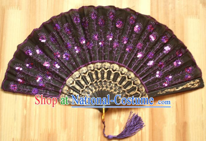 Chinese Handmade Classical Folding Fans Purple Paillette Silk Accordion Fan for Women