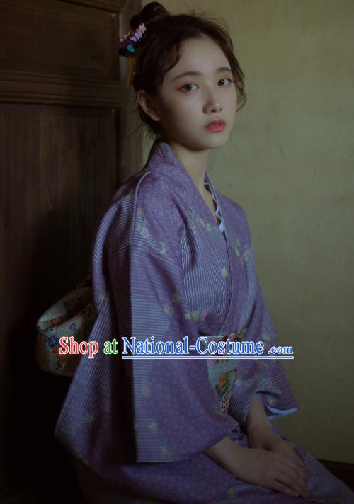 Japanese Handmade Printing Purple Kimono Costume Japan Traditional Yukata Dress for Women