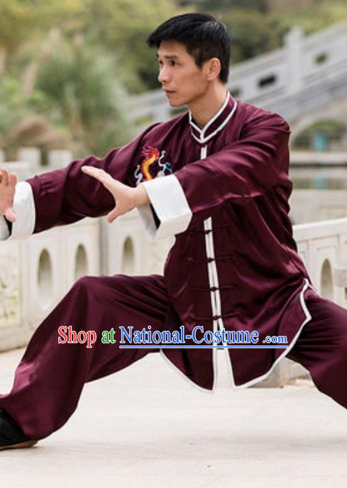 Top Chinese Traditional Tai Chi Wine Red Costume Martial Arts Training Uniform Kung Fu Wushu Clothing for Men