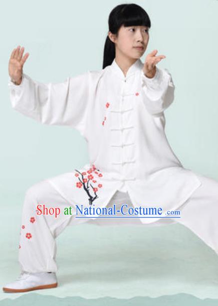 Chinese Traditional Tai Chi Printing Plum Blossom White Costume Martial Arts Training Uniform Kung Fu Wushu Clothing for Women