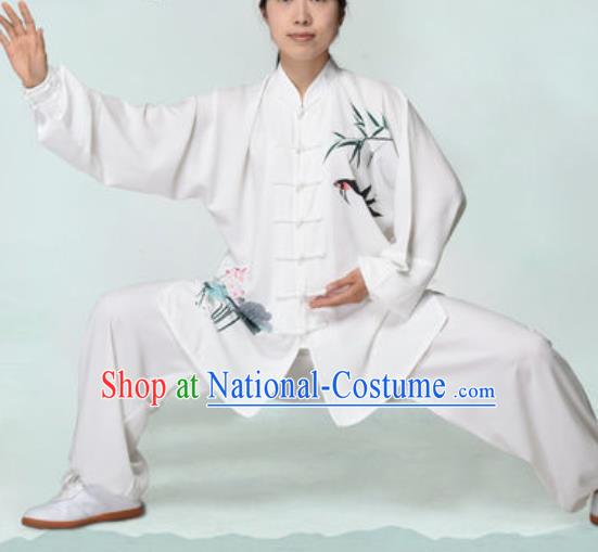 Chinese Traditional Tai Chi Printing Bamboo White Costume Martial Arts Training Uniform Kung Fu Wushu Clothing for Women