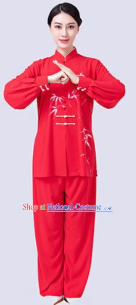 Chinese Traditional Tai Chi Printing Bamboo Red Costume Martial Arts Uniform Kung Fu Wushu Clothing for Women