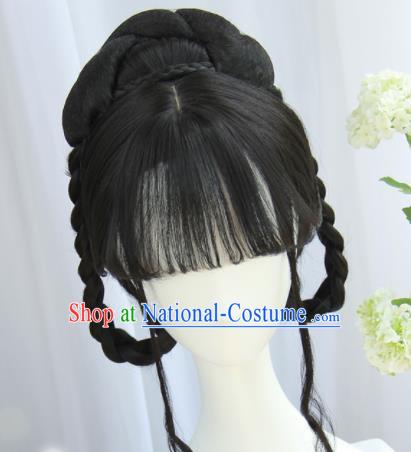 Handmade Chinese Traditional Hanfu Blunt Bangs Wigs Sheath Ancient Nobility Lady Chignon for Women