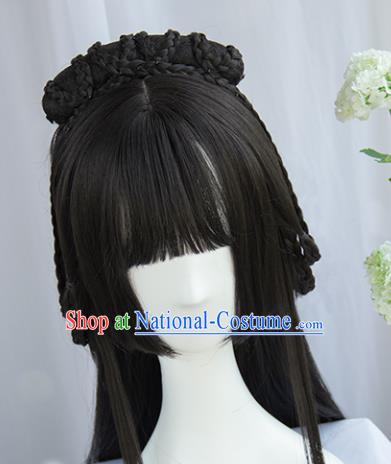 Handmade Chinese Traditional Hanfu Blunt Bangs Wigs Sheath Ancient Princess Chignon for Women