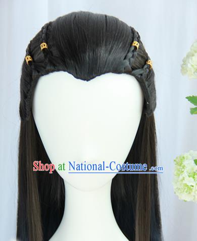 Chinese Traditional Hanfu Wigs Sheath Ancient Swordsman Hairpiece Handmade Chignon for Men