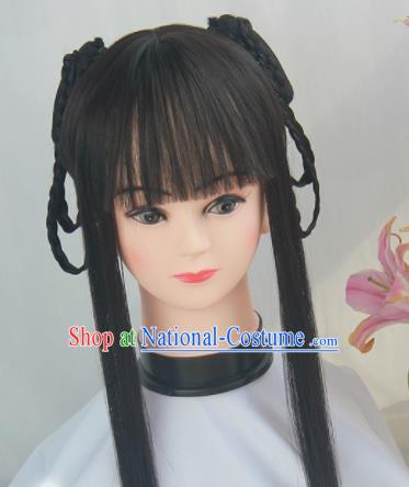 Handmade Chinese Traditional Hanfu Blunt Bangs Wigs Sheath Ancient Swordswoman Chignon for Women