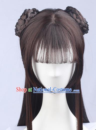 Handmade Chinese Traditional Hanfu Blunt Bangs Brown Wigs Sheath Ancient Nobility Lady Chignon for Women